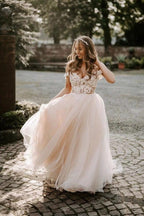 A-line Boho Champagne Off The Shoulder Wedding Dress Bridal Gown WD583 by pgmdress