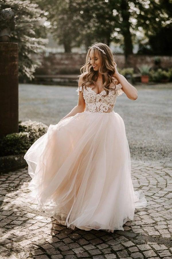 A-line Boho Champagne Off The Shoulder Wedding Dress Bridal Gown WD583 Hover Image