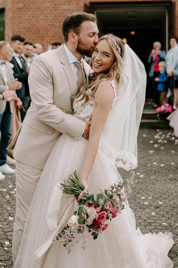 A-line Boho Champagne Off The Shoulder Wedding Dress Bridal Gown WD583 Main Image