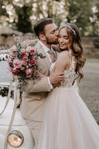 A-line Boho Champagne Off The Shoulder Wedding Dress Bridal Gown WD583 by pgmdress