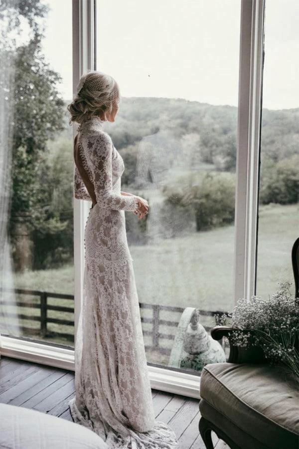 Boho High Neckline Long Sleeves Lace Wedding Dresses Rustic Wedding WD594 by pgmdress