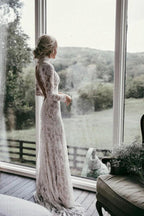 Boho High Neckline Long Sleeves Lace Wedding Dresses Rustic Wedding WD594 by pgmdress