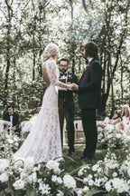 Boho High Neckline Long Sleeves Lace Wedding Dresses Rustic Wedding WD594 by pgmdress