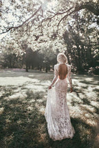 Boho High Neckline Long Sleeves Lace Wedding Dresses Rustic Wedding WD594 by pgmdress