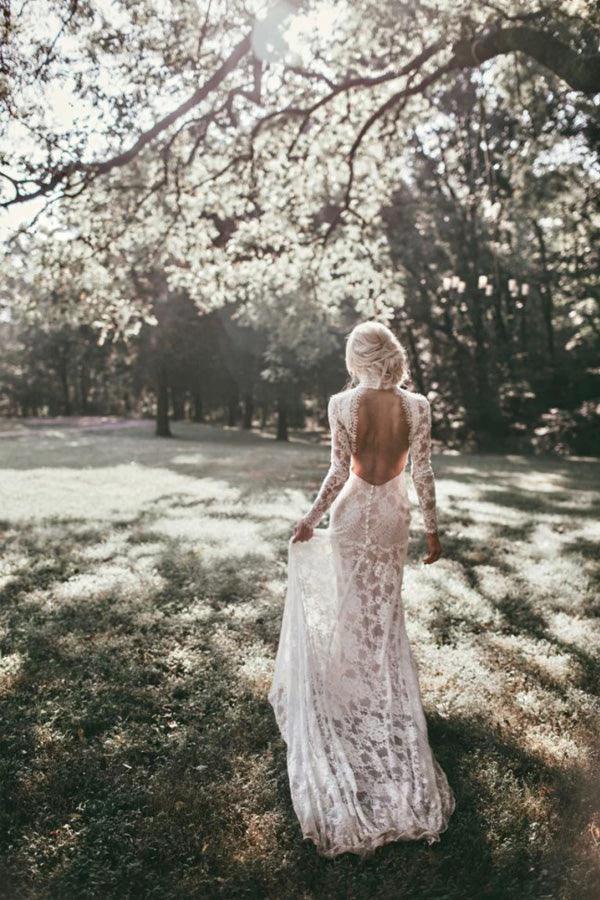 Boho High Neckline Long Sleeves Lace Wedding Dresses Rustic Wedding WD594 by pgmdress