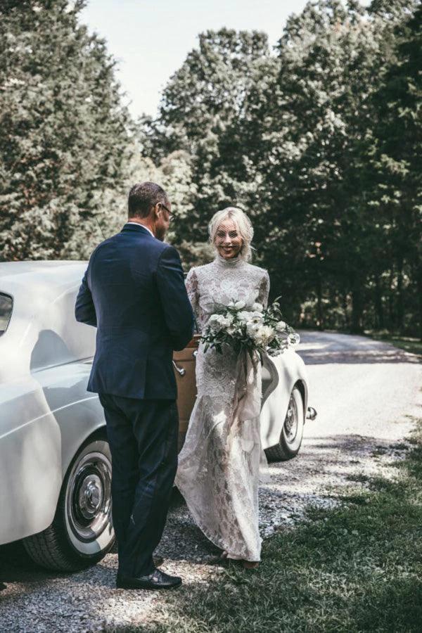 Boho High Neckline Long Sleeves Lace Wedding Dresses Rustic Wedding WD594 by pgmdress