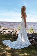 Boho Lace Sheath Sweep Train Sheath Beach Wedding Dresses WD592 by pgmdress