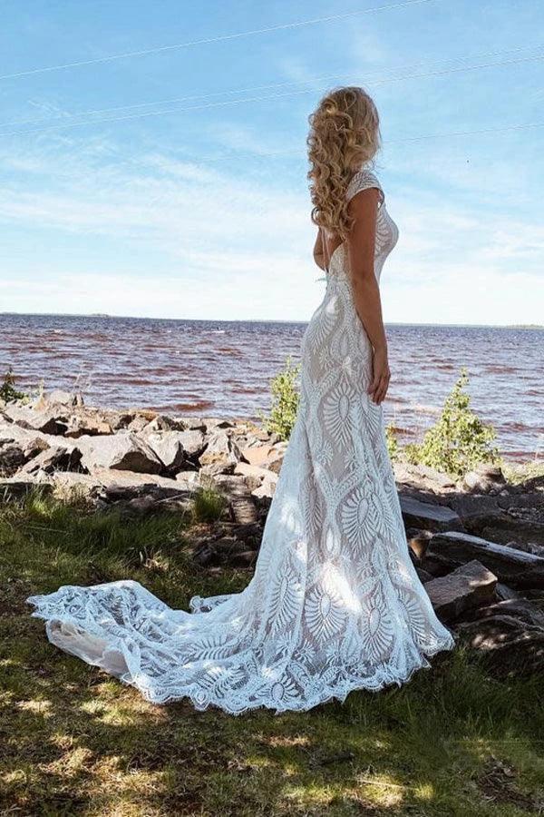 Boho Lace Sheath Sweep Train Sheath Beach Wedding Dresses WD592 by pgmdress