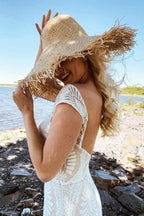 Boho Lace Sheath Sweep Train Sheath Beach Wedding Dresses WD592 by pgmdress