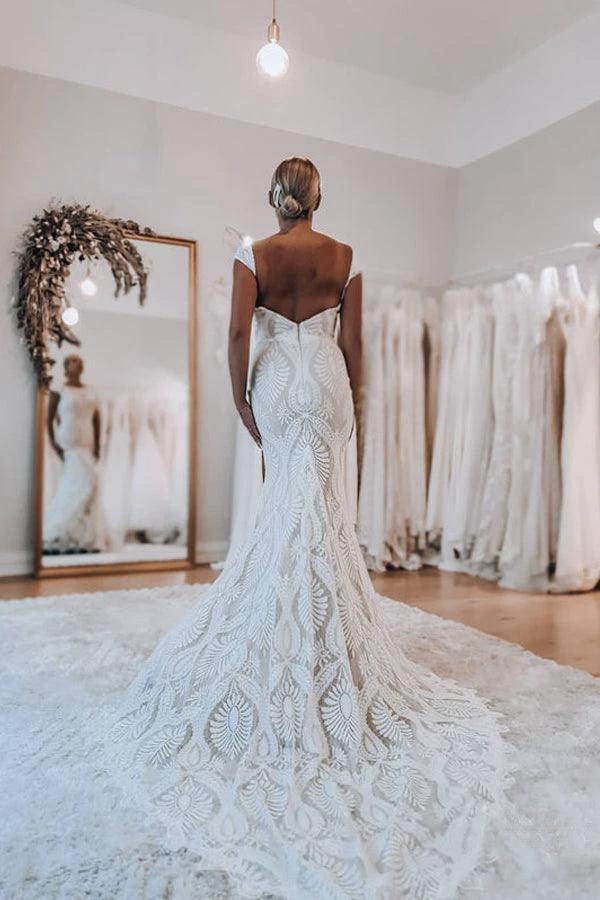 Boho Lace Sheath Sweep Train Sheath Beach Wedding Dresses WD592 by pgmdress