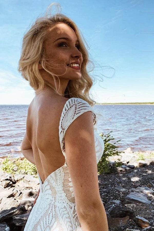 Boho Lace Sheath Sweep Train Sheath Beach Wedding Dresses WD592 by pgmdress