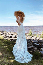 Boho Lace Sheath Sweep Train Sheath Beach Wedding Dresses WD592 by pgmdress