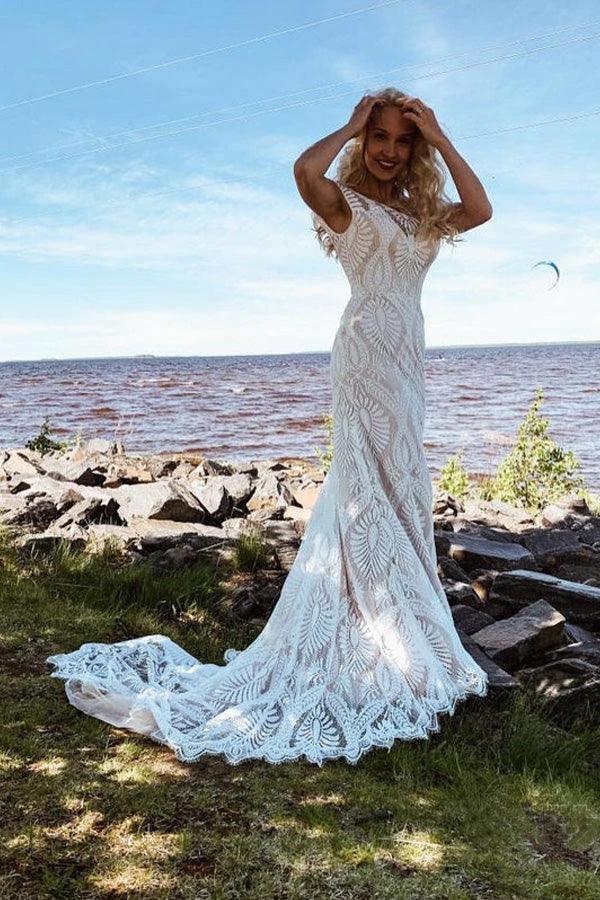 Boho Lace Sheath Sweep Train Sheath Beach Wedding Dresses WD592 by pgmdress