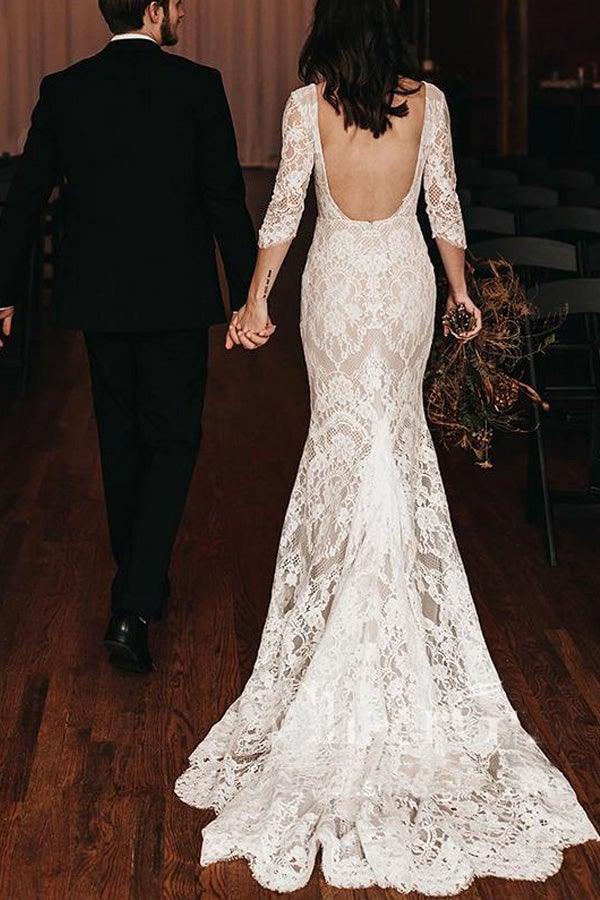 Boho Lace V Neck Mermaid Wedding Dresses With Court train WD581 Main Image