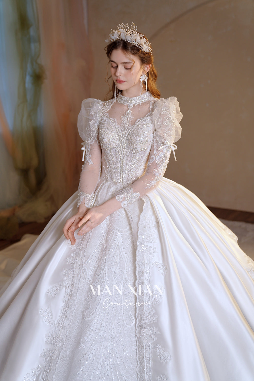 Gorgeous Long Ball Gown High Neck Sheer Long Sleeve Satin Wedding Dress with Crystal Embroidery & Train N002