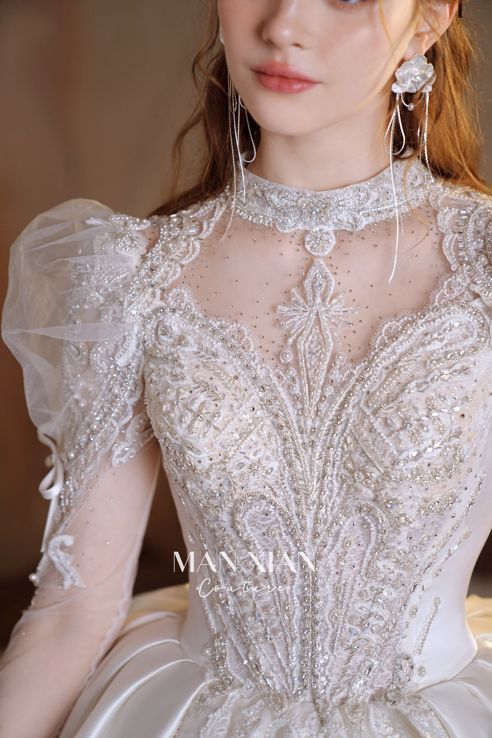 Gorgeous Long Ball Gown High Neck Sheer Long Sleeve Satin Wedding Dress with Crystal Embroidery & Train N002