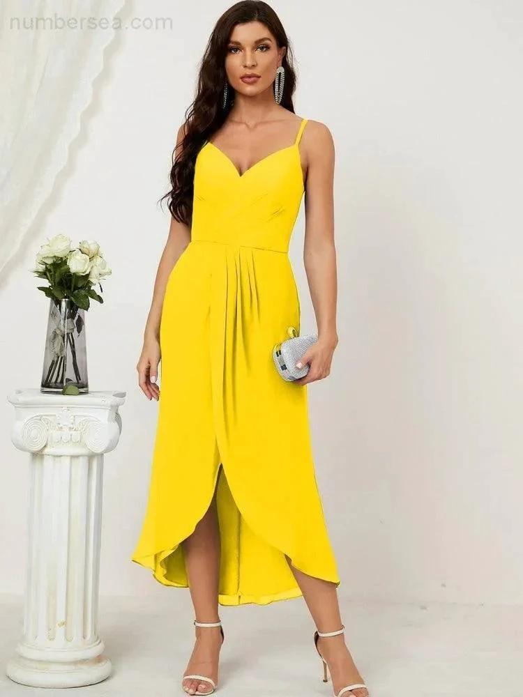 Numbersea Spaghetti Chiffon V Neck Bridesmaid Dress Mid-Length Slit Formal Prom Dress Homecoming Dress 2803 by numbersea