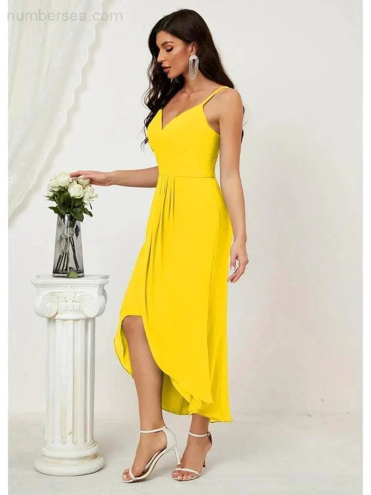 Numbersea Spaghetti Chiffon V Neck Bridesmaid Dress Mid-Length Slit Formal Prom Dress Homecoming Dress 2803 by numbersea