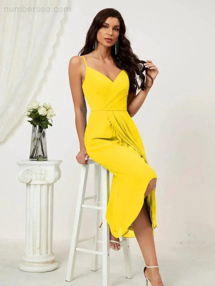 Numbersea Spaghetti Chiffon V Neck Bridesmaid Dress Mid-Length Slit Formal Prom Dress Homecoming Dress 2803 by numbersea