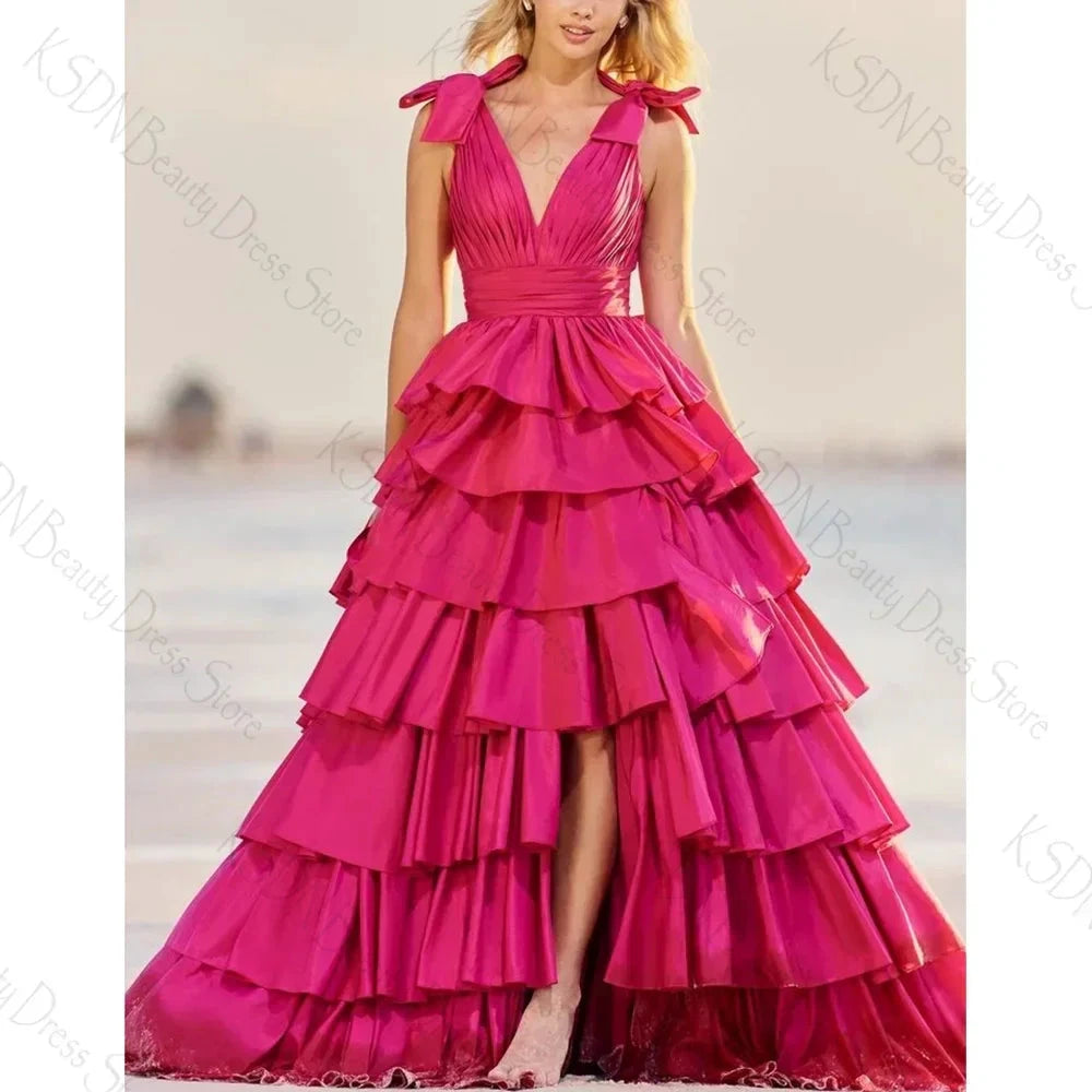 Rose Pink V Neck Sleeveless Slit Evening Dress Female Formal Party Prom Gown by Sunnderly
