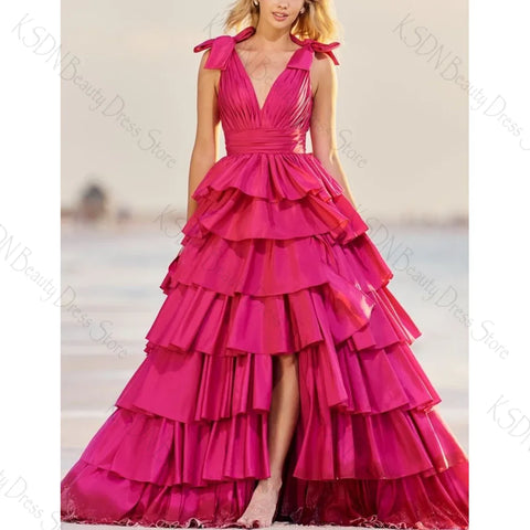 Vestido de noche rosa con escote en V, sin mangas y abertura para mujer, vestido formal para fiesta y graduación 