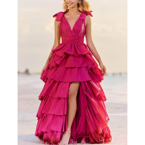 Vestido de noche rosa con escote en V, sin mangas y abertura para mujer, vestido formal para fiesta y graduación 