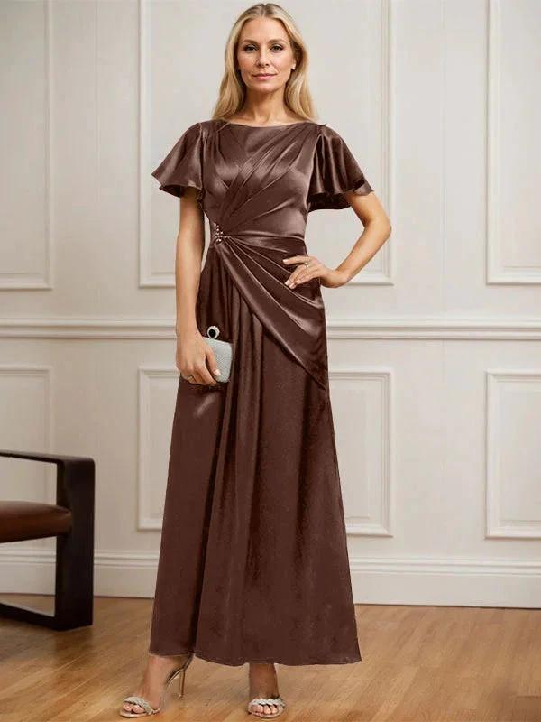 A-line Scoop Ankle-Length Stretch Satin Mother of the Bride Dress With Pleated Beading by Dreamylily
