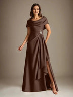 A-Line Scoop Floor-Length Stretch Satin Mother of the Bride Dress With Cascading Ruffles by Dreamylily