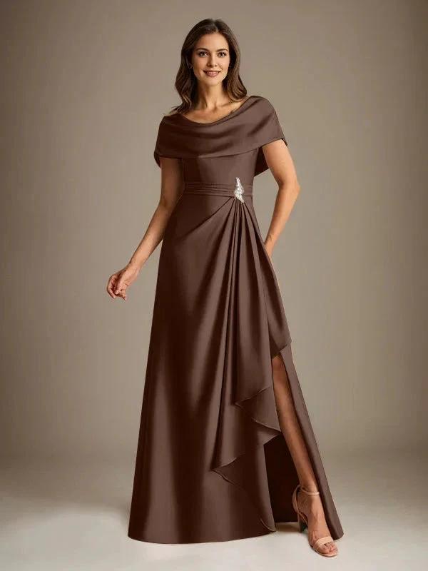A-Line Scoop Floor-Length Stretch Satin Mother of the Bride Dress With Cascading Ruffles by Dreamylily