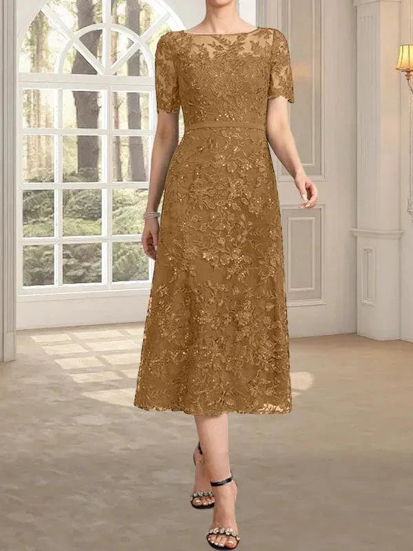 A-line Scoop Illusion Tea-Length Lace Mother of the Bride Dress With Sequins by Dreamylily