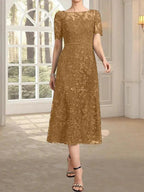 A-line Scoop Illusion Tea-Length Lace Mother of the Bride Dress With Sequins by Dreamylily