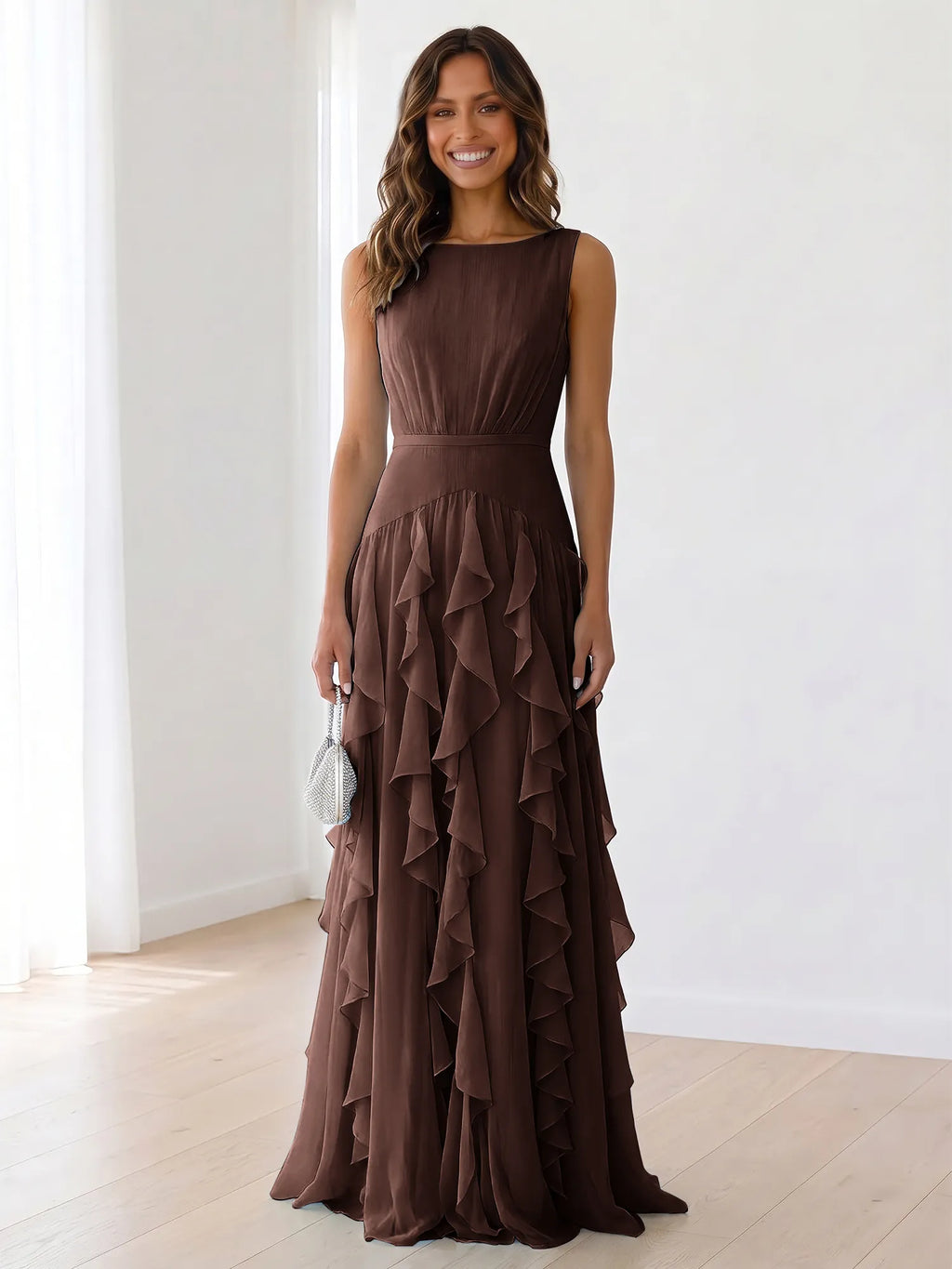 Sleeveless Tiered Chiffon Maxi Evening Gown with Ruched Bodice