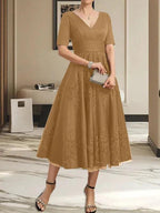 A-line V-Neck Tea-Length Tulle Lace Mother of the Bride Dress With Pleated by Dreamylily