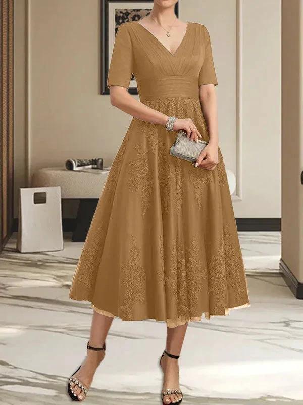 A-line V-Neck Tea-Length Tulle Lace Mother of the Bride Dress With Pleated by Dreamylily