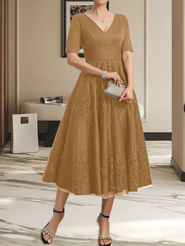 A-line V-Neck Tea-Length Tulle Lace Mother of the Bride Dress With Pleated