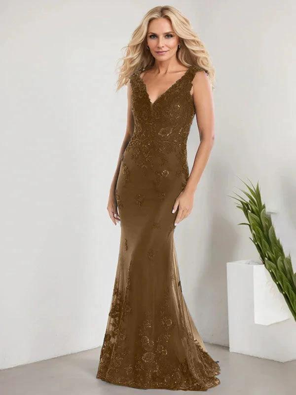 A-line V-Neck Floor-Length Lace Chiffon Mother of the Bride Dress With Applique Sequins Mermaid Dresses by Dreamylily