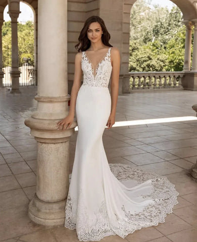 Brush Train Mermaid Wedding Dresses Sexy Depp V-neck Vestidos De Novia Sleeveless Appliques Vestido De Noiva
