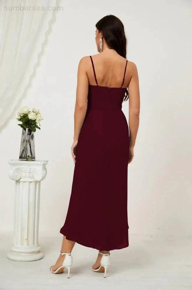 Numbersea Spaghetti Chiffon V Neck Bridesmaid Dress Mid-Length Slit Formal Prom Dress Homecoming Dress 2803 by numbersea