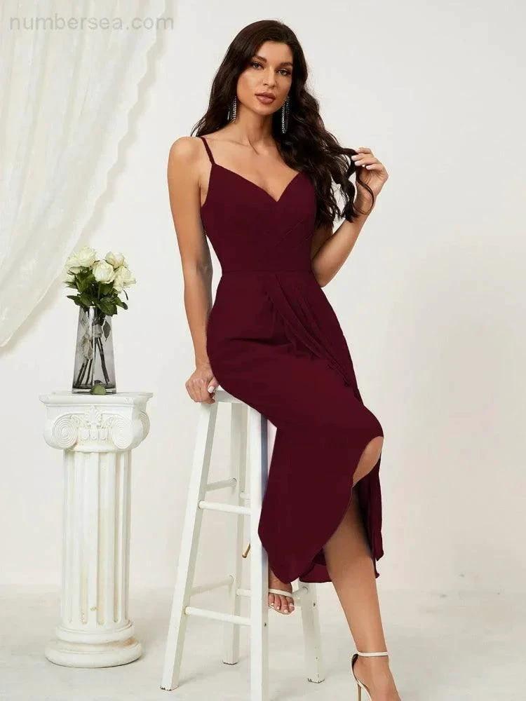 Numbersea Spaghetti Chiffon V Neck Bridesmaid Dress Mid-Length Slit Formal Prom Dress Homecoming Dress 2803 by numbersea