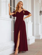 Numbersea Chiffon Cold Shoulder Long Bridesmaid Dresses Plus Size Formal Prom Gowns for Women Party Wedding SEA28070 by numbersea
