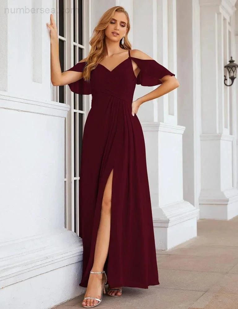 Numbersea Chiffon Cold Shoulder Long Bridesmaid Dresses Plus Size Formal Prom Gowns for Women Party Wedding SEA28070 by numbersea