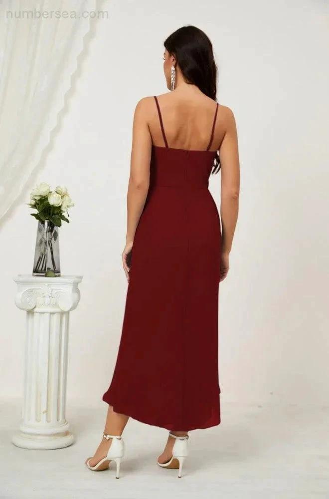 Numbersea Spaghetti Chiffon V Neck Bridesmaid Dress Mid-Length Slit Formal Prom Dress Homecoming Dress 2803 by numbersea