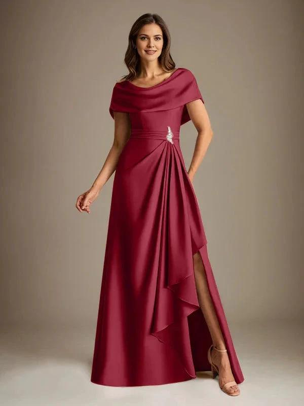 A-Line Scoop Floor-Length Stretch Satin Mother of the Bride Dress With Cascading Ruffles by Dreamylily