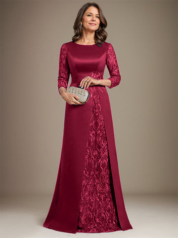 A-Linie U-Ausschnitt Bodenlang Spitze Satin Kleid für die Brautmutter mit Applikation 