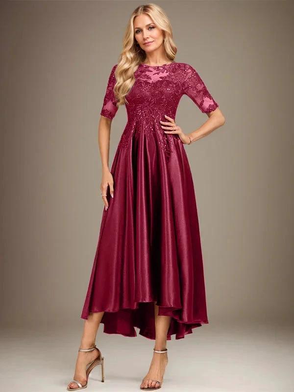 A-line Scoop Illusion Asymmetrical Stretch Satin Lace Mother of the Bride Dress With Sequins by Dreamylily