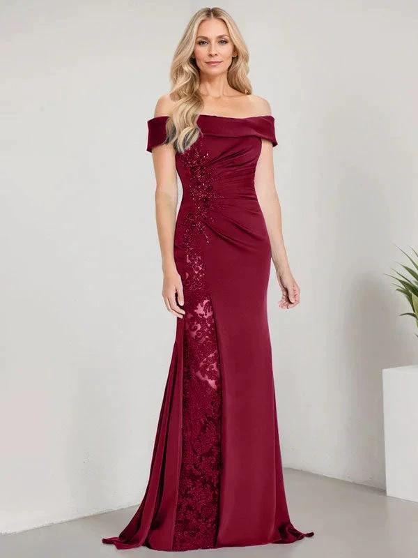 A-Line Off the Shoulder Floor-Length Mother of the Bride Dress Applique Beadings Mermaid Dress With High Split by Dreamylily