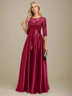 A-line Scoop Illusion Floor-Length Stretch Satin Lace Mother of the Bride Dress With Bow Sequins by Dreamylily