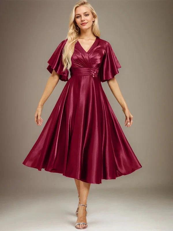 A-line V-Neck Tea-Length Stretch Satin Mother of the Bride Dress With Beading Pleated by Dreamylily