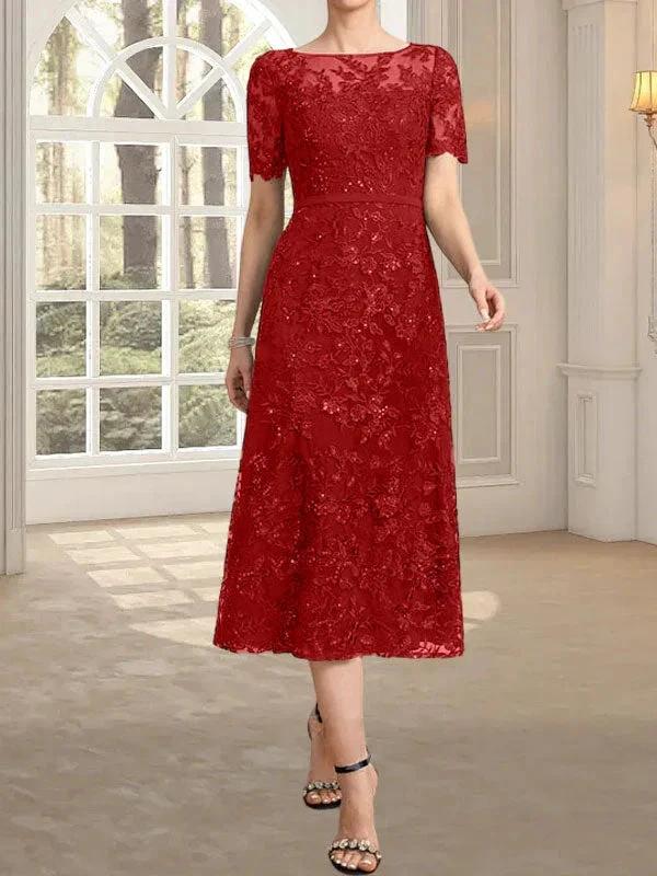 A-line Scoop Illusion Tea-Length Lace Mother of the Bride Dress With Sequins by Dreamylily