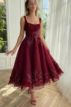 Burgundy Ankle length square neck Homecoming Dress by misshow.com